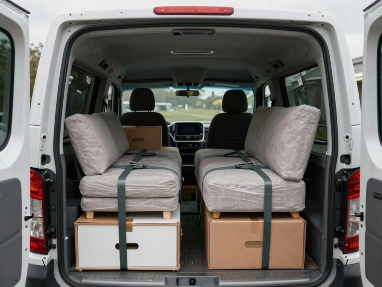 Overhead wide-angle shot of a meticulously organized van interior fully loaded with strapped furniture and wrapped boxes, ratchet straps visible across the load, overcast natural light from the rear loading bay, documentary style