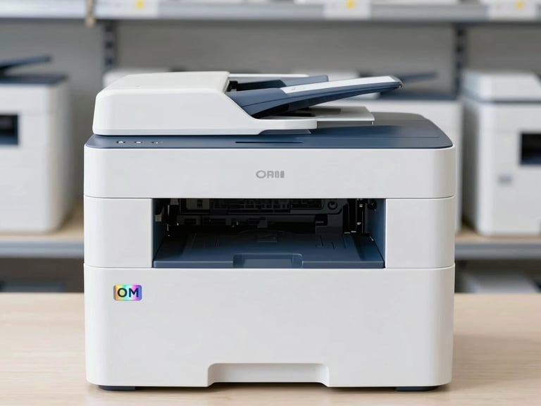 Straight-on shot of a new, boxed enterprise-grade laser printer in a clean warehouse, with a holographic OEM seal visible on the packaging.