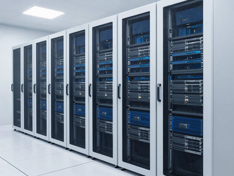 Medium-wide shot of a modern, clean data center aisle with organized server racks, bright neutral lighting, sharp focus on the hardware.