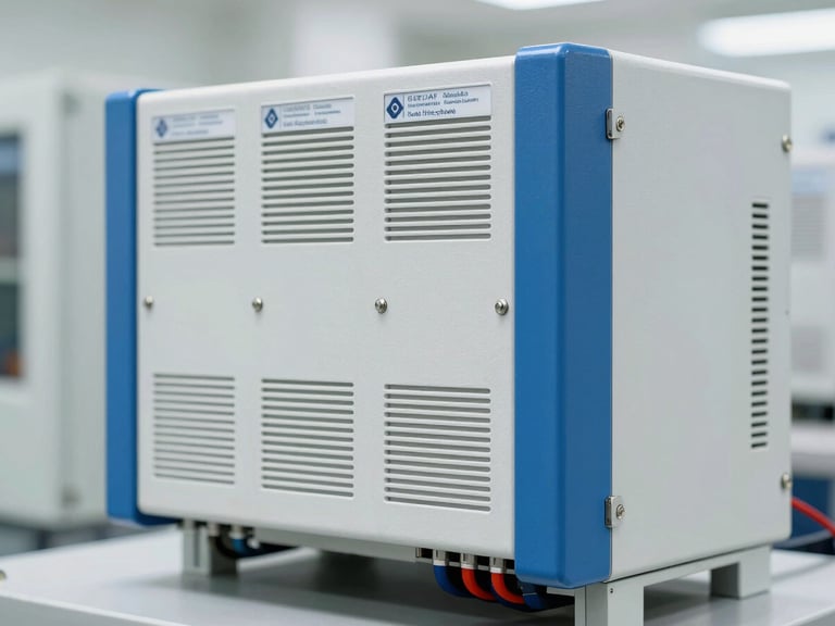 Close-up of a robust industrial inverter unit in a clean, well-lit power room, with clear technical labels and connections.