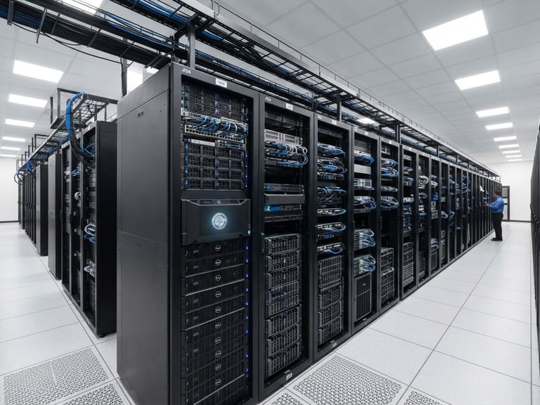 Wide shot of a clean, modern server room with organized racks, bright neutral lighting, and a subtle holographic OEM seal on a piece of equipment in the foreground.