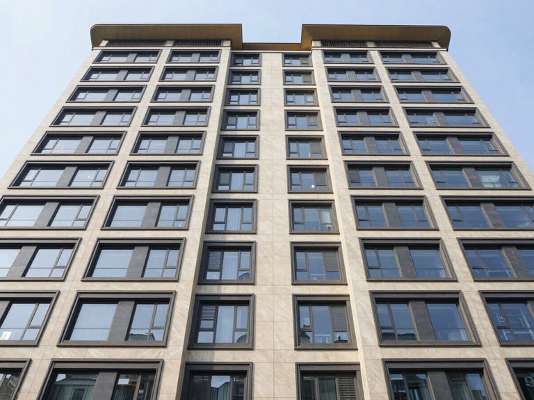 Wide symmetrical architectural shot of a modern luxury apartment facade under crisp morning light, clean lines, high contrast, muted champagne and navy tones, wide-angle lens