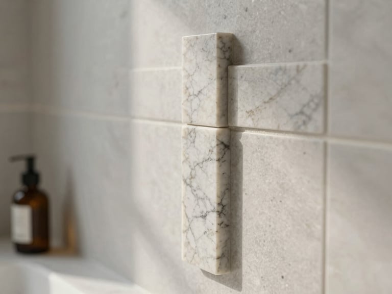 Fotografia de detalhe de uma junta de pedra mármore perfeitamente alinhada numa parede de casa de banho moderna, luz natural suave lateral revelando a textura precisa e o rigor da execução.