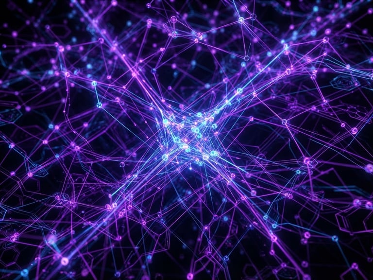 Sleek 3D render of interconnected digital nodes, glowing dark mode aesthetic, vibrant purple and electric blue neon accents, high-contrast network structures, macro close-up.