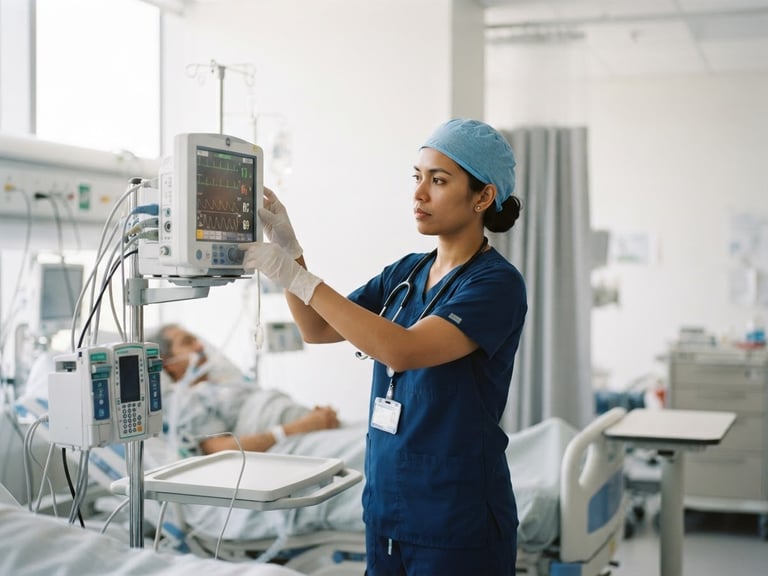 A focused professional nurse in clean blue scrubs adjusting clinical equipment in a brightly lit modern hospital ward, soft natural daylight, shallow depth of field, 35mm