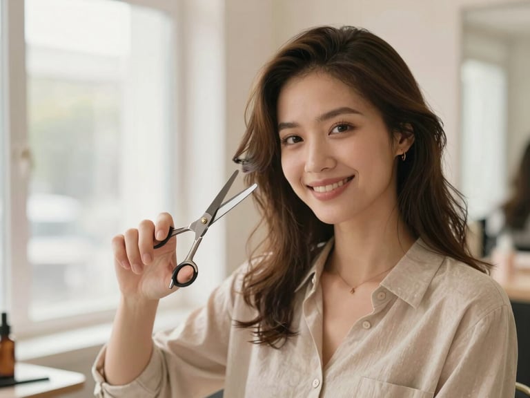 Warm editorial portrait of a professional female hair stylist with a friendly smile, working in a bright salon, soft natural light, holding styling shears, 35mm, shallow depth of field