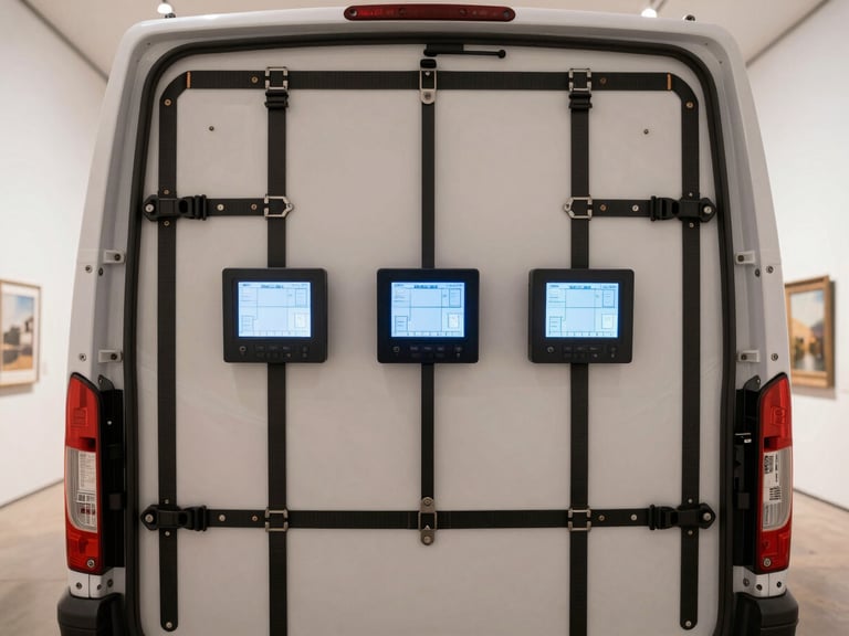 Interior of a climate-controlled art transport vehicle, showing secure strapping systems and temperature monitoring displays, clean gallery lighting, neutral archival tones, sharp focus, 35mm lens