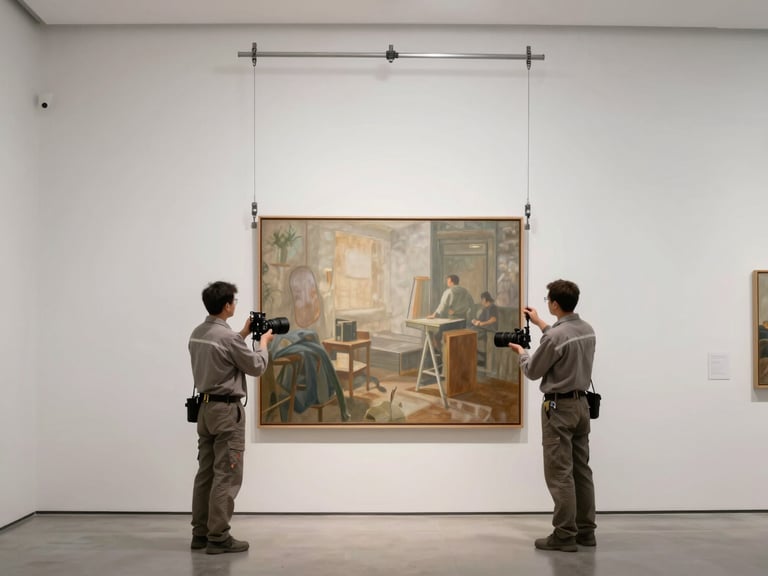 Technicians in clean uniforms carefully installing a large painting in a gallery space, using specialized rigging equipment, neutral archival tones, sharp focus, 35mm lens