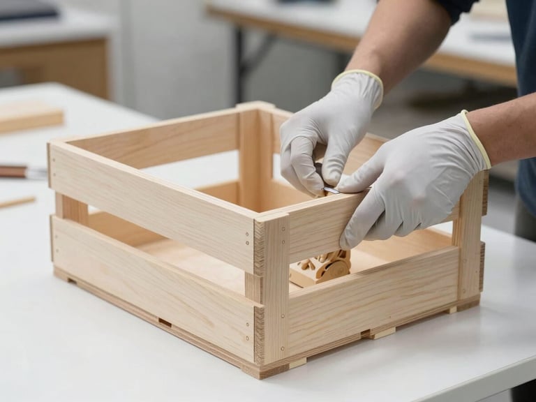 Gloved hands of a technician meticulously constructing a custom wooden crate for a delicate sculpture in a clean workshop, precise joinery, neutral archival tones, sharp focus, 35mm lens