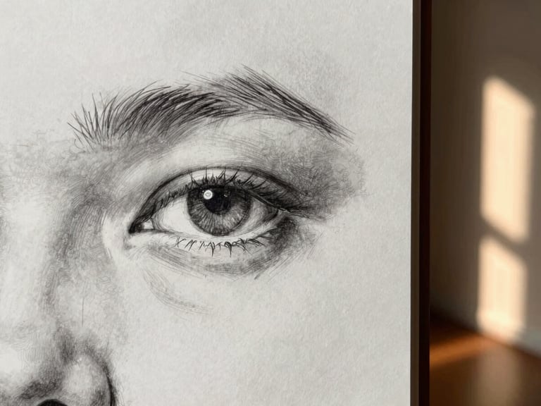 Close-up of a pencil sketch in progress on white cartridge paper, right-edge bleed, graphite hatching visible at high resolution in the shadow region of a portrait subject's eye socket, warm architectural side-light from the right, extreme detail crop showing pencil grain and paper texture