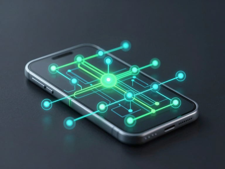 Abstract 3D render of glowing teal and green data paths representing mobile app architecture, dark charcoal background, sharp focus