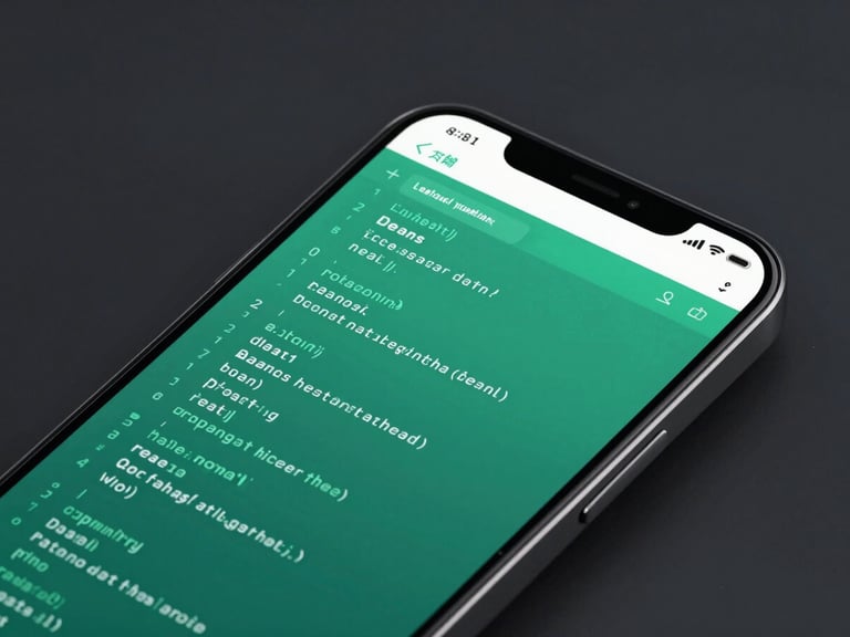 Sleek tech photography of a high-resolution mobile screen displaying clean cyber-green code and UI layouts, cool studio lighting, deep charcoal background, macro lens, sharp focus