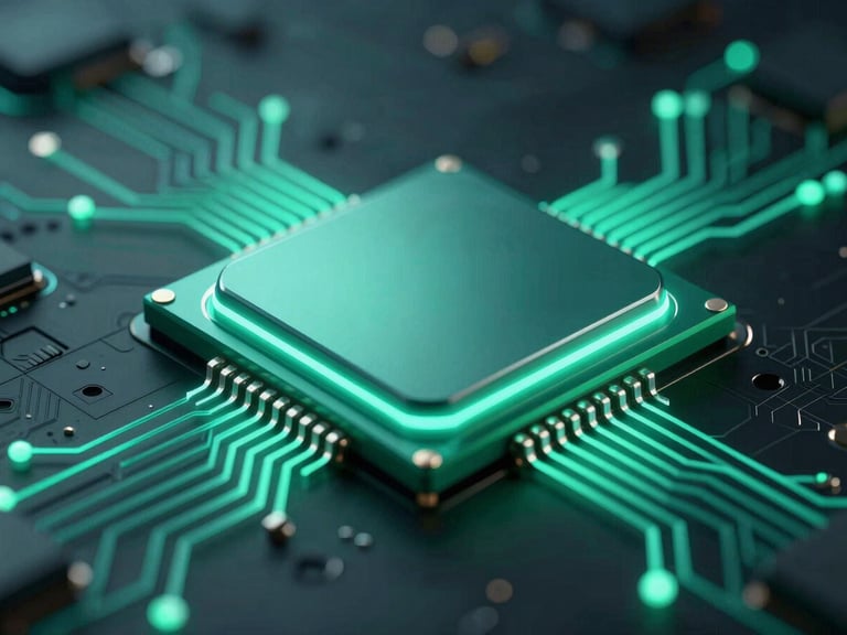 Abstract 3D render of a futuristic glowing mobile processor chip, electric teal and cyber-green circuits, dark background, sharp focus.