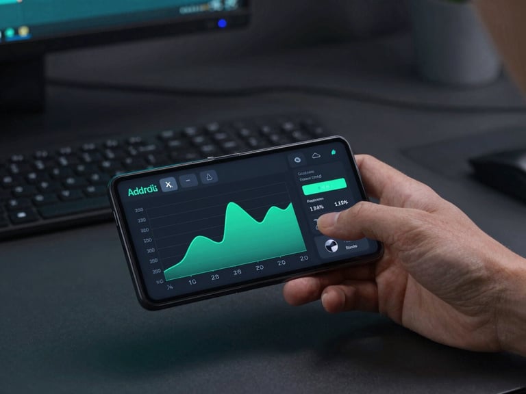 Sleek tech photography of a developer analyzing performance profiling tools on an Android device in a dark, high-tech workspace, cool studio lighting