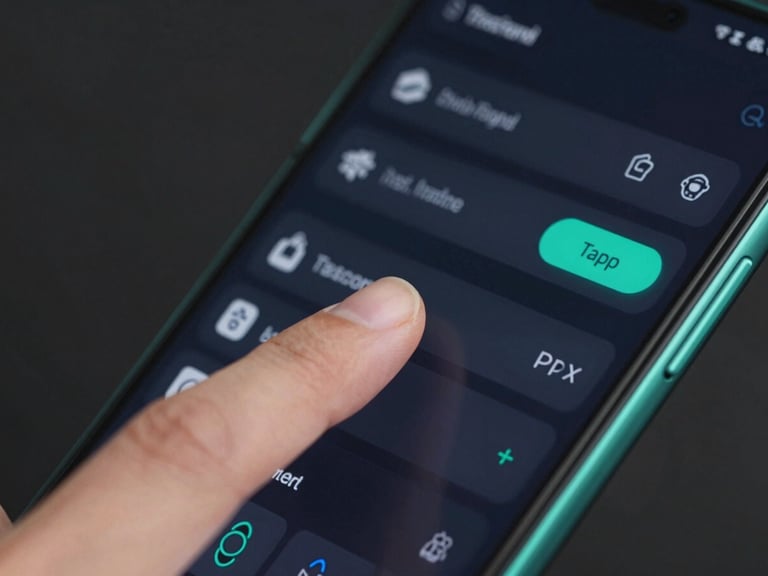 Macro shot of a hand tapping a sleek dark-mode task manager app on an Android phone, neon teal accents, clean layout, professional tech photography.