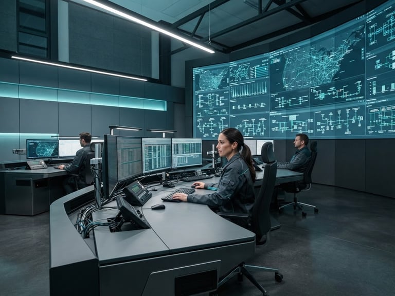Cool-toned industrial photography of a modern utility control center, clean architectural lighting, slate gray and teal accents, sharp focus, professional editorial style