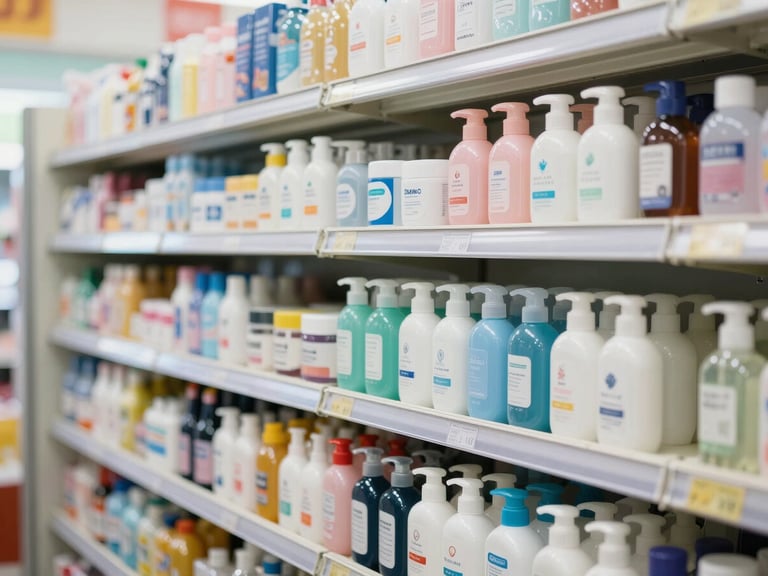 Clean editorial photography of neatly stocked convenience store shelves with recognizable brand-name personal care products, bright natural daylight, soft realistic tones, 35mm lens