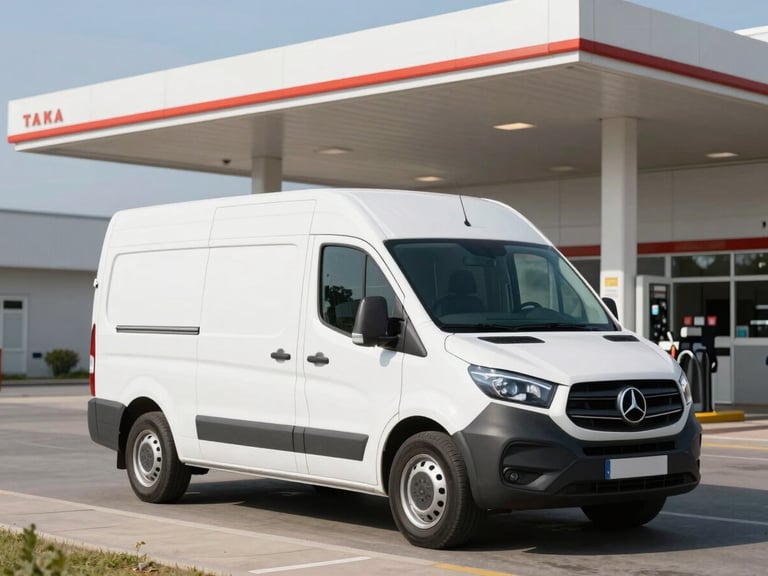A clean white regional delivery van parked outside a modern fuel station under bright morning daylight, clean editorial photography