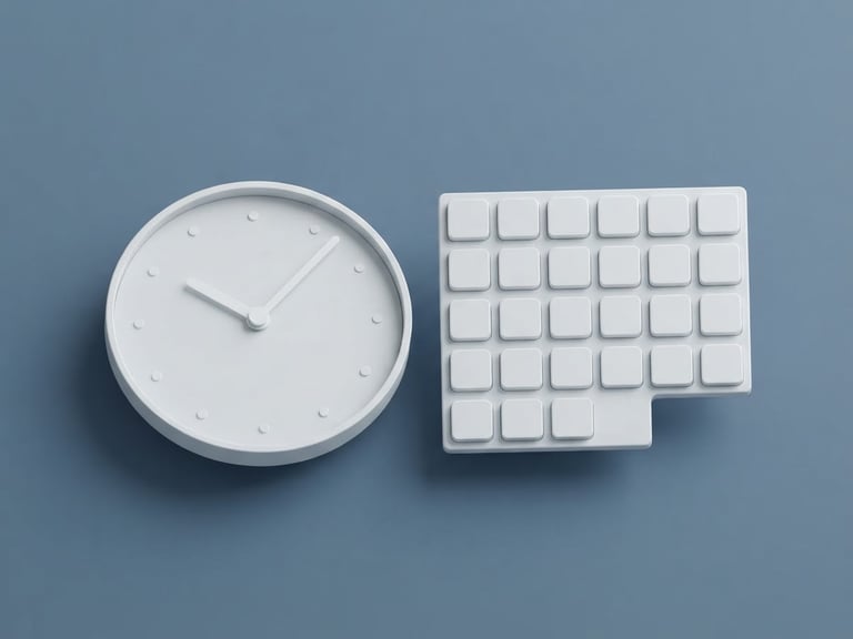 Minimalist 3D render of a clean geometric clock face and calendar grid floating on a slate blue background, bright studio lighting, soft shadows