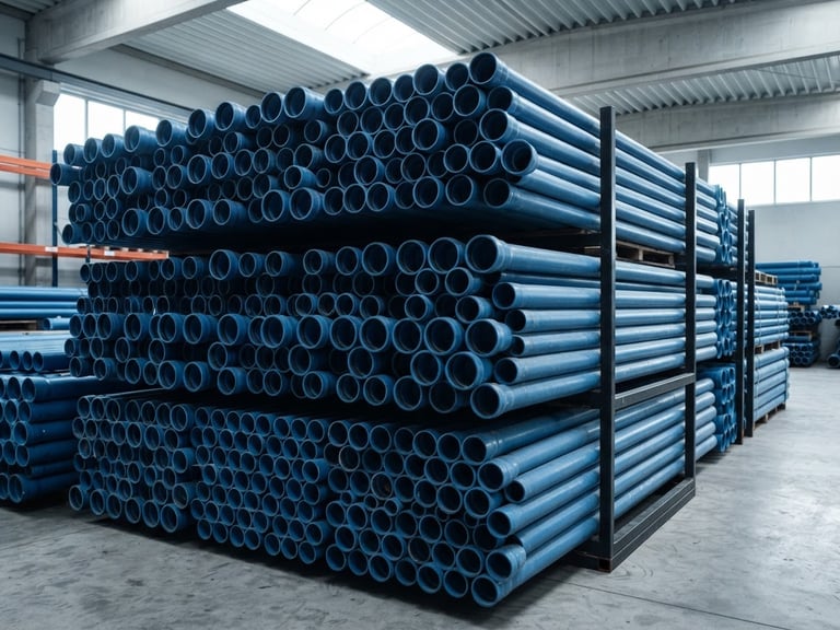 Crisp industrial product photography of stacked blue PVC pipes in a bright warehouse, clean daylight, sharp focus, 35mm