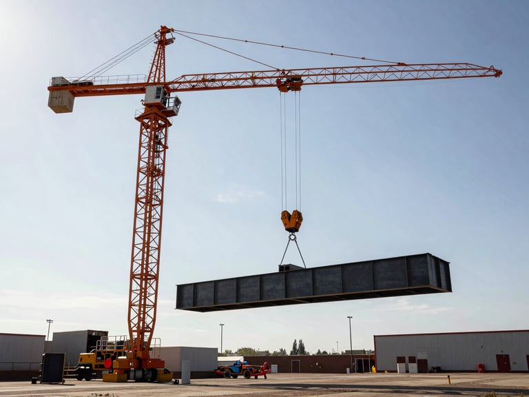 A heavy crane lifting a steel structural beam against a high-contrast sky, industrial site environment, crisp shadows, strong composition