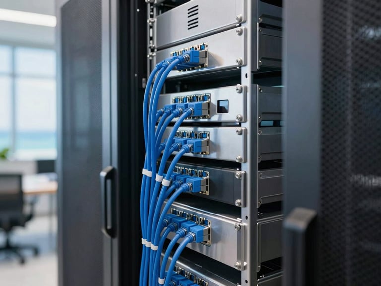 A clean modern server rack inside a bright, air-conditioned Rarotonga office, neat blue ethernet cables, soft natural light reflecting off metallic surfaces, professional technical setup.