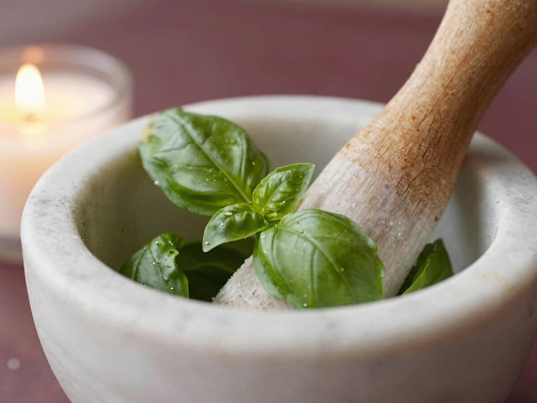 Close-up of fresh green basil leaves being crushed in a traditional white marble mortar with a wooden pestle, warm candlelit lighting, shallow depth of field, 35mm