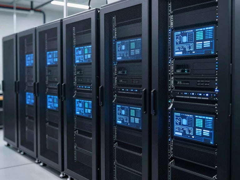 Clean-room server racks with subtle blue UI overlays showing data visualizations, sharp focus, high-tech industrial setting, bright lighting.