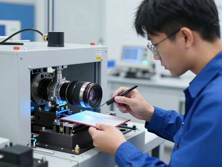 Engineers calibrating sensors on industrial equipment, precise focus on the sensor and a textile sample, bright studio light, blue technical highlights.