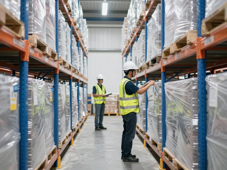 An active modern logistics warehouse with organized shelving and workers wearing high-visibility safety gear under bright daylight
