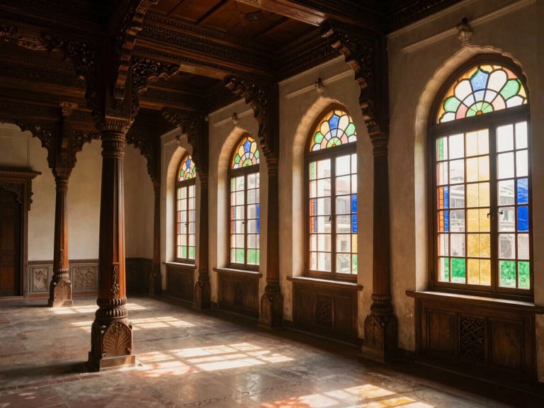 Richly detailed interior of a restored heritage palace hotel in Mysore, warm golden hour light streaming through stained glass windows, carved teak wood pillars.