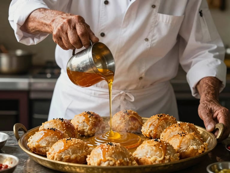 An elderly chef in a traditional white apron carefully pouring hot, molten ghee over a golden batch of authentic Mysore Pak in a rustic brass tray, warm kitchen light, steam.