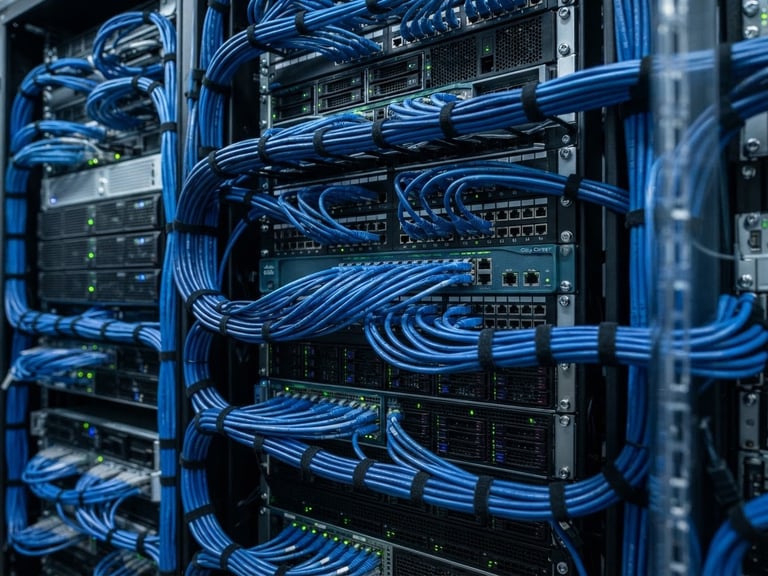Macro shot of clean server rack with neat blue cabling, cool studio lighting, sharp focus, 35mm