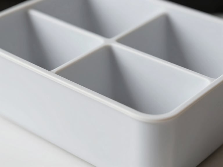 Sharp industrial product photography of a minimalist home organizer prototype, matte white polymer, high-contrast studio shadows