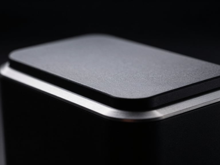 High-contrast studio shot of a minimalist daily utility object, matte black finish with anodized silver accents, dramatic backlighting