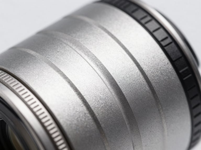 Macro lens shot of a sleek aluminum electronic device enclosure, cool metallic tones, shallow depth of field, sharp studio lighting