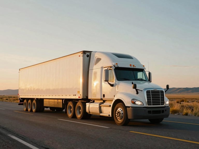 A heavy-duty semi-truck in motion on an open Idaho highway, golden-hour light illuminating the clean white trailer, low-angle heroic shot, 35mm film style.