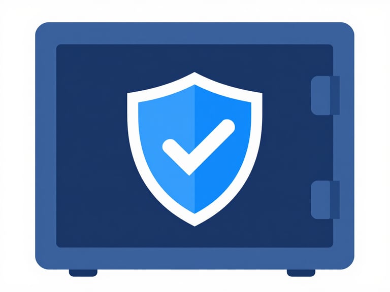 Flat vector illustration of a secure digital safe with a shield and checkmark, corporate blue tones, clean geometric lines.