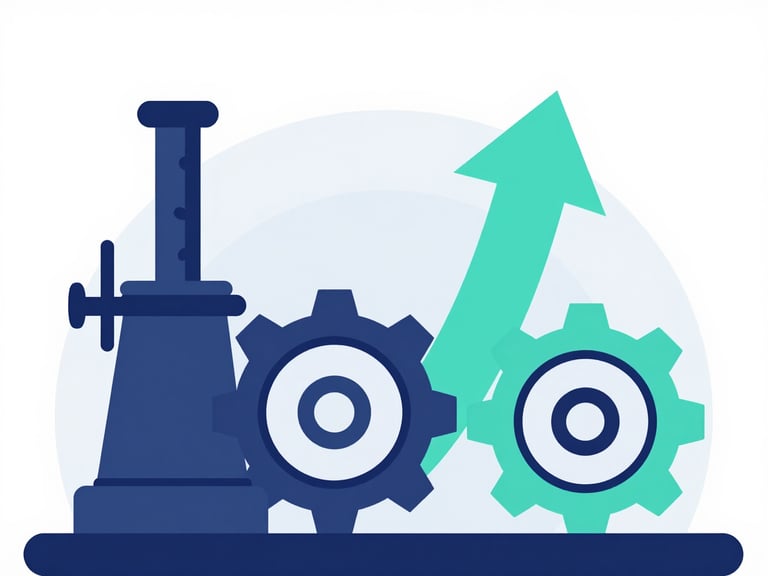 Flat vector illustration of stylized industrial machinery and gears with a clean mint accent arrow pointing up, modern minimalist fintech style.
