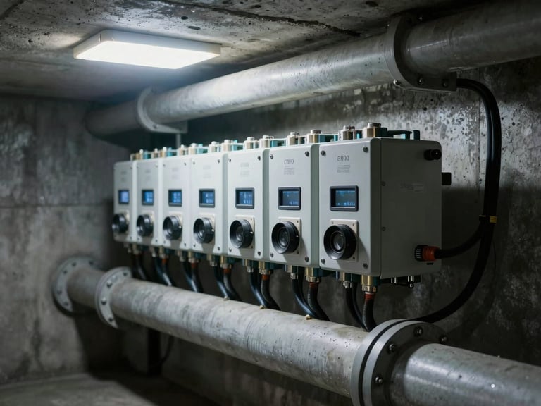 Extreme close-up of industrial IoT sensor array mounted on a municipal water pipe in a concrete utility tunnel, cool ambient LED strip lighting, cable runs and conduit brackets visible, no human presence, tight technical detail framing