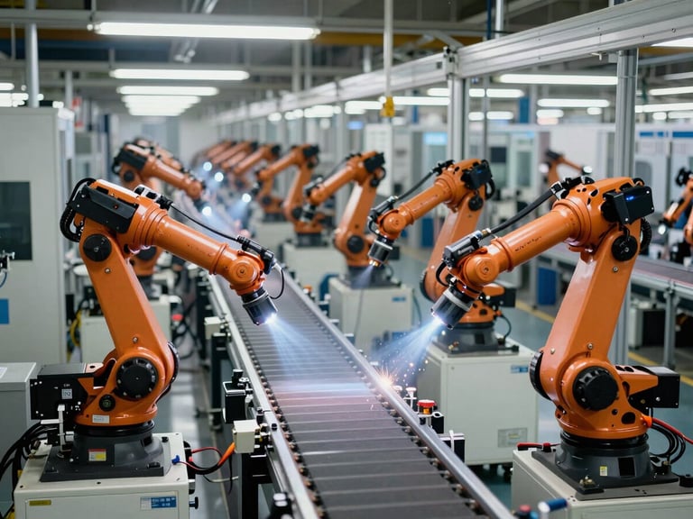 Wide overhead view of an automotive discrete manufacturing production line, cool fluorescent ambient lighting illuminating robotic welding arms and conveyor systems, no human presence, extreme depth of field showing multiple assembly stations receding into distance