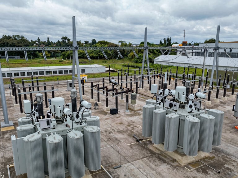 Wide panoramic overhead view of electrical utility substation switching yard, cool overcast natural light, transformer banks and high-voltage bus bars in tight geometric rows, sensor installation hardware visible on equipment housings, no people