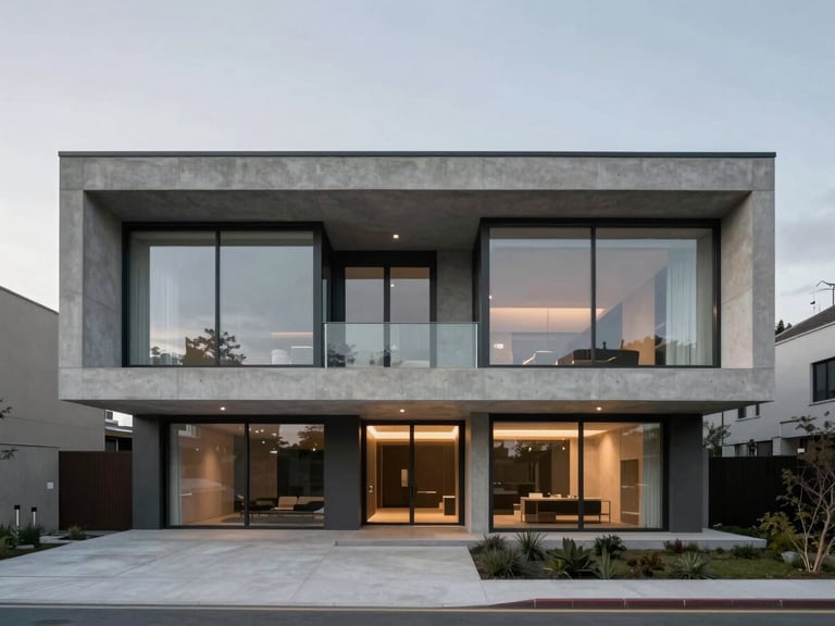 Symmetrical architectural elevation of a modern concrete and glass residence at dusk, soft overcast light, high-end minimalist exterior, 35mm lens, sharp focus