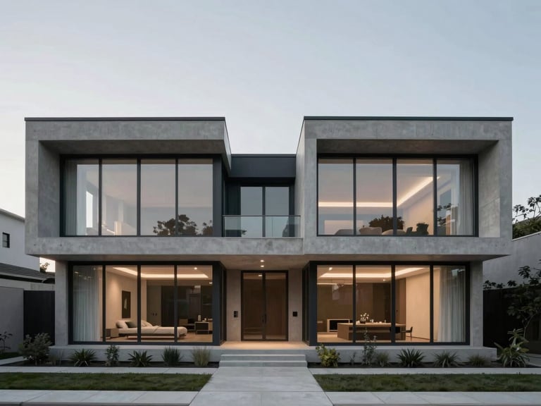 Symmetrical architectural shot of a modern concrete and glass home exterior at dusk, soft twilight lighting, clean lines, desaturated cool tones