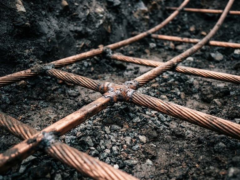 Close-up macro shot of a heavy-gauge copper grounding grid laid in a utility substation trench, high-contrast overcast daylight, sharp focus, 35mm