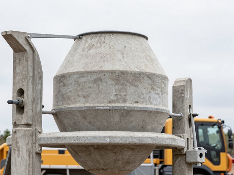 Close-up of a well-maintained concrete mixer on a job site, focus on mechanical details, natural overcast daylight.
