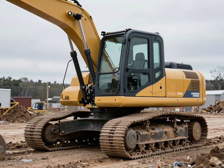 Compact excavator on a New England job site, tracks visible, overcast daylight, desaturated industrial tones, sharp focus, 35mm lens.