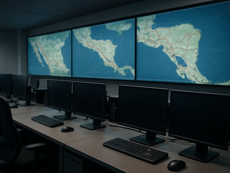 Plano medio de un centro de control logístico moderno, pantallas con mapas de rutas centroamericanas al fondo, iluminación técnica limpia, enfoque nítido en terminales operativas.