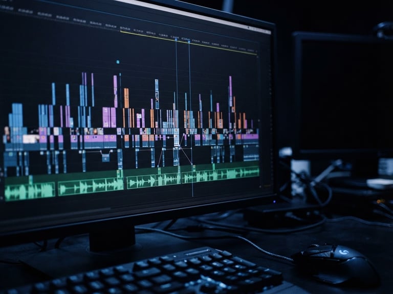 Macro close-up of a video editing timeline on a high-end monitor, cool blue and purple ambient screen glow, dark studio workspace, 35mm lens, shallow depth of field.
