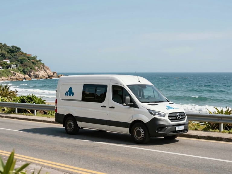 Wide environmental shot of a branded service van parked near a scenic coastal road in Santos, bright natural daylight, ocean in the background.